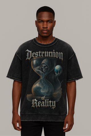 Person wearing a black t-shirt with 'Destruction of Reality' graphic design on a plain background